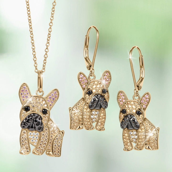 Forever Frenchie Collection gold tone French bulldog pendant necklace and matching drop earrings with crystal pavé details Up To 75% Off Retail
