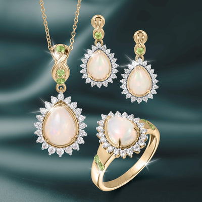 Opal Dew Drop Collection Set featuring an opal necklace earrings and ring with diamond accents and green gemstones in gold tone jewelry Up To 75% Off Retail