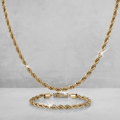 Viper Twist Rope Collection featuring a gold tone twisted rope necklace and matching bracelet displayed on a gray background Up To 75% Off Retail