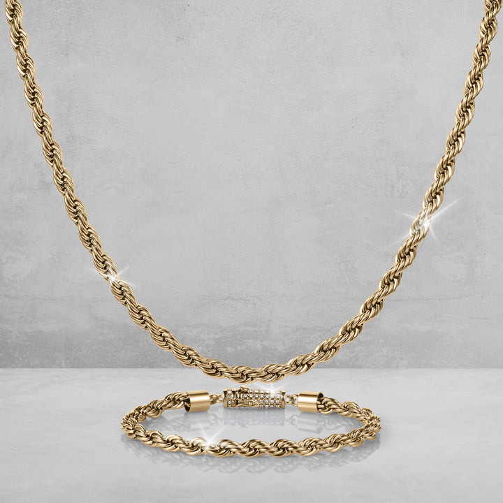 Viper Twist Rope Collection featuring a gold tone twisted rope necklace and matching bracelet displayed on a gray background Up To 75% Off Retail