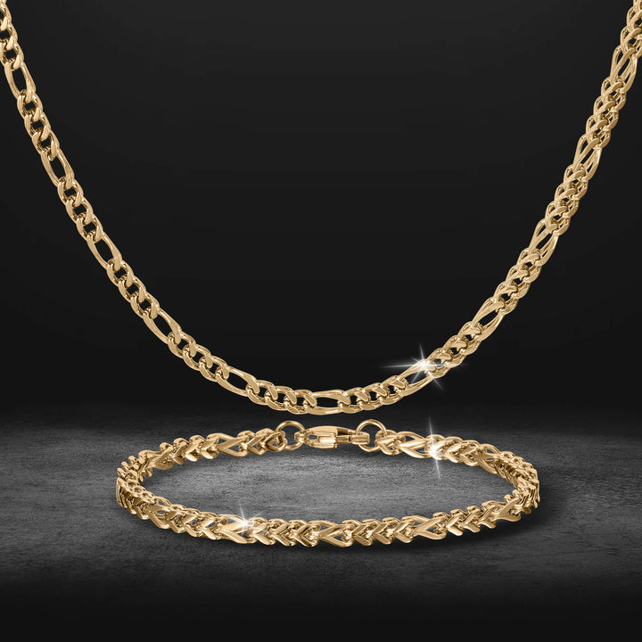 Kodiak Steel Collection gold chain necklace and matching bracelet displayed on a dark background with polished links and a refined design Up To 75% Off Retail