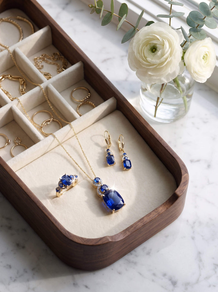 Elara Sapphire Collection blue sapphire necklaces earrings and rings displayed in a wooden jewelry organizer beside white flowers Up To 75% Off Retail