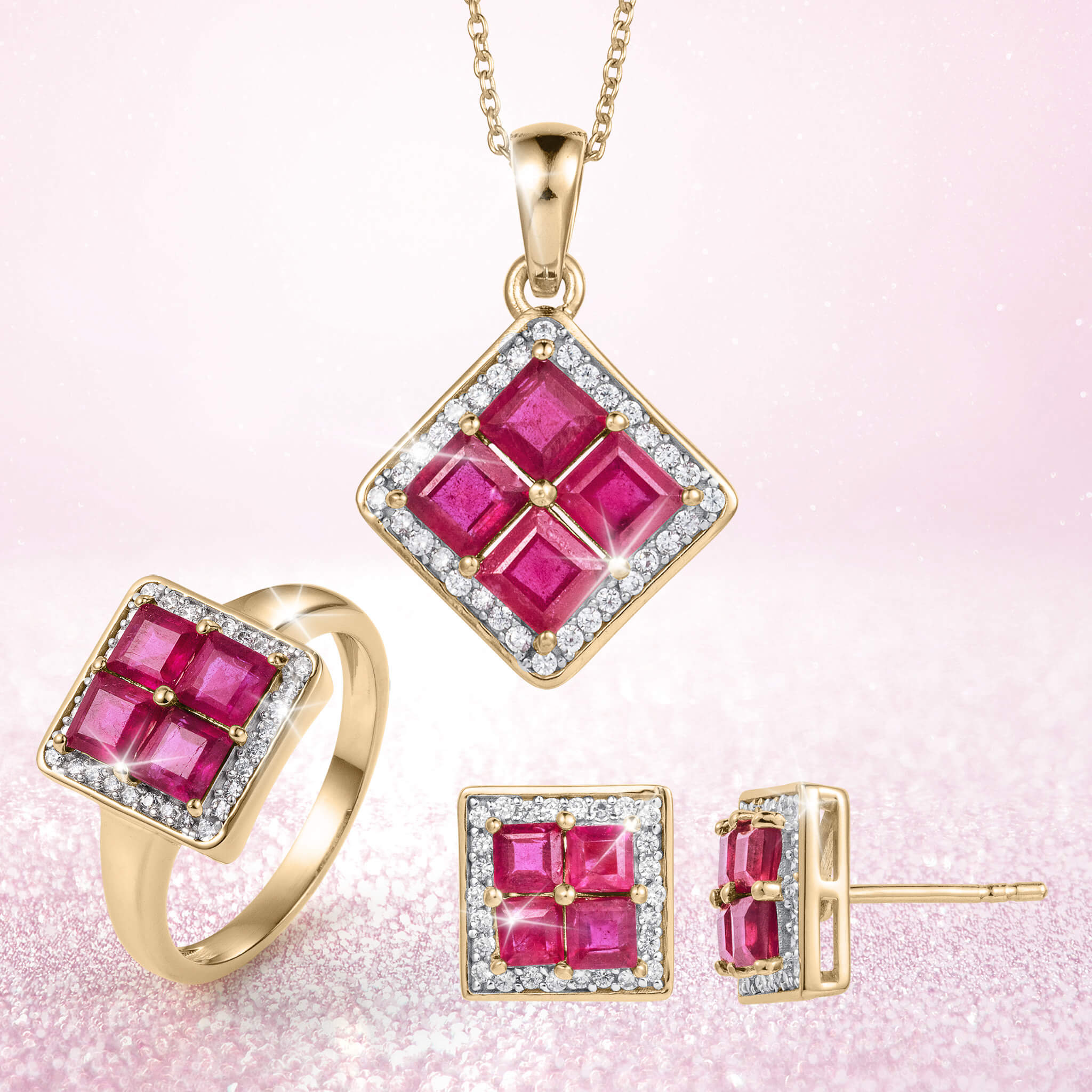 Sterling silver and gold plated jewelry set for female featuring square ruby stones surrounded by sparkling accents, part of the Rouge Lumiere Ruby Collection, Up To 75% Off Retail.