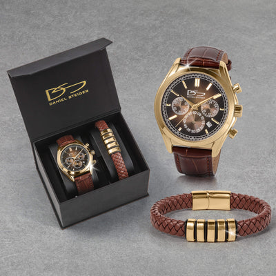 Vicerory Watch & Bracelet Box Set featuring gold tone chronograph watches and matching braided bracelets in a presentation box. Up To 75% Off Retail