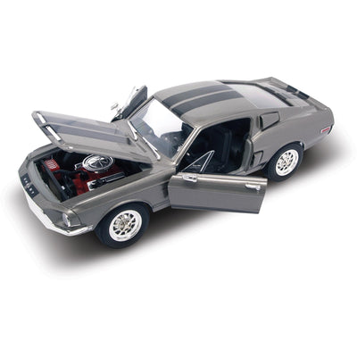 Model car with open doors on a white background. 