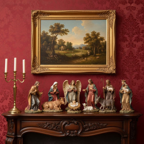 Decorative nativity scene with statues on a wooden table against a red wall with a framed landscape painting.Daniel Steiger Heavenly Night Nativity Set