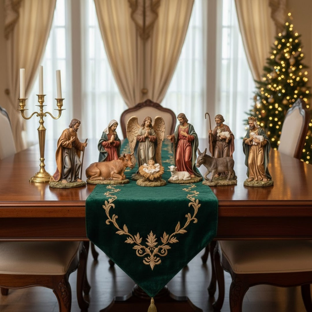 Nativity scene with figurines on a table in a room with Christmas decorations. Daniel Steiger Heavenly Night Nativity Set