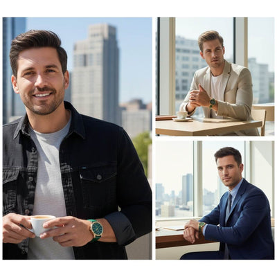 Collage of a man in different settings with a watch, including a cityscape and indoor scenes. Men wearing Daniel Steiger Verde Ceramic Men's Watch