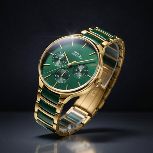 Luxury watch with green and gold strap on a dark background. Daniel Steiger Verde Ceramic Men&