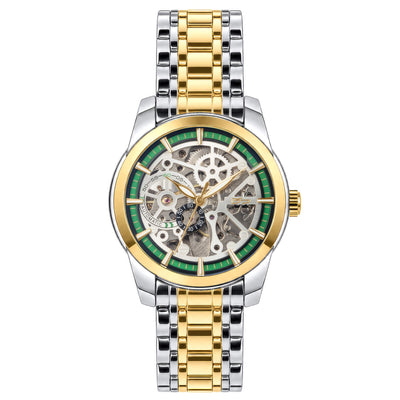 Two tone mechanical skeleton watch with silver and gold bracelet, exposed gears, green dial accents, Roman numeral markers, and a polished round case