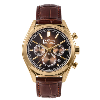 Vicerory Watch & Bracelet Box Set featuring a gold tone chronograph watch with brown leather strap and black dial Up To 75% Off Retail