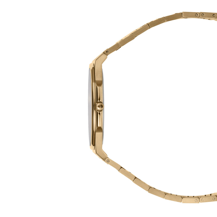 Delta Slimline Men's Watch shown in sleek gold tone side profile with a slim case and matching bracelet for a refined jewelry look Up To 75% Off Retail