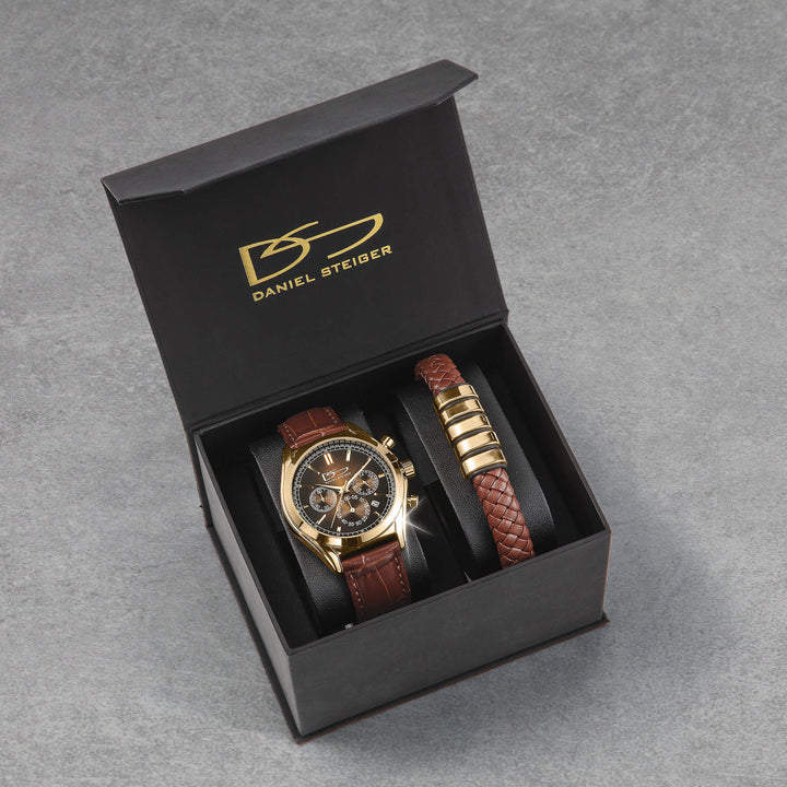 Vicerory Watch & Bracelet Box Set featuring a gold tone chronograph watch and braided bracelet in a black Daniel Steiger case Up To 75% Off Retail