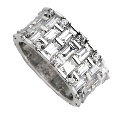Sterling silver Baguette Eternity Ring for women featuring a rhodium plating and an intricate design of baguette and round-cut stones set in a luxurious band.