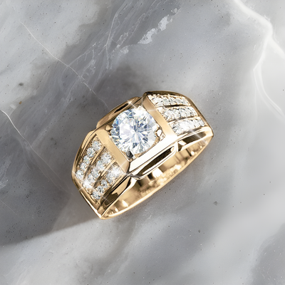 Daniel Steiger Techmaster Gold Men's Ring on stone-like counter top