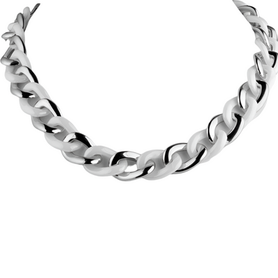 Ceramica White Necklace featuring a sleek, polished design with intertwined white and silver links, crafted as an elegant jewelry piece for women.