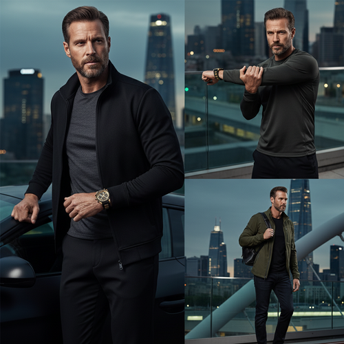 Collage of a man in different outfits against a cityscape background