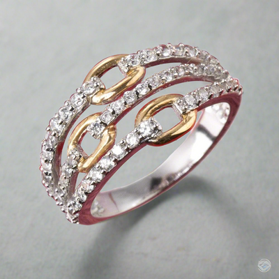 Journey of Life Ring featuring sterling silver band with gold-plated links and encrusted with sparkling stones, designed for women’s elegant jewelry collections.