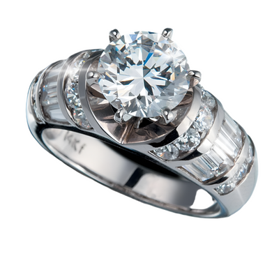 To Catch A Thief Ring featuring a sterling silver band with a large round center stone and tapering baguette and round accent stones, designed for women’s jewelry.