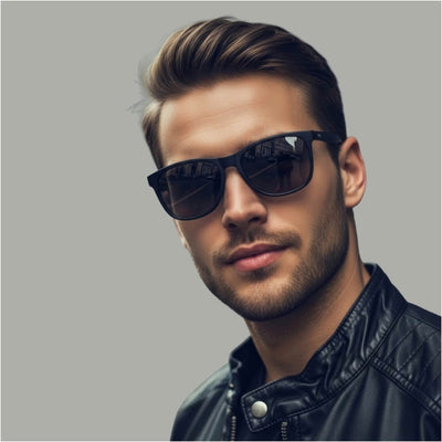 Man wearing smart sunglasses and a black leather jacket against a gray background. Reactive Smart Sunglasses
