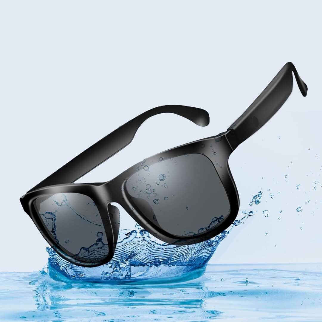 Black smart sunglasses with water droplets on a blue water background. Reactive Smart Sunglasses

