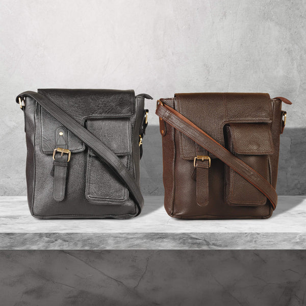 Black and brown leather crossbody messenger bags with adjustable shoulder straps and multiple front pockets displayed against a textured gray background