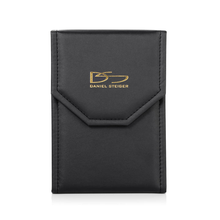 Black leather jewelry pouch with gold Daniel Steiger logo, designed to hold and protect the Arizona Gold Men's Necklace, made of stainless steel.