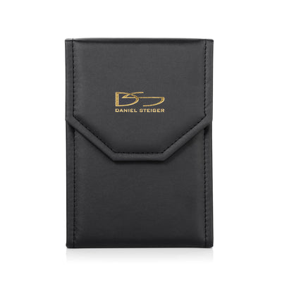 Black leather jewelry case with gold Daniel Steiger logo, designed to protect and store the Ceramica White Necklace for women.