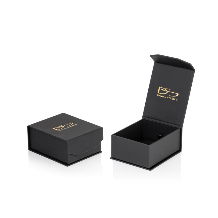 Black jewelry box with gold Daniel Steiger logo, open and closed, designed to hold the Summer Butterfly Earrings crafted in sterling silver with rhodium plating for female wear.