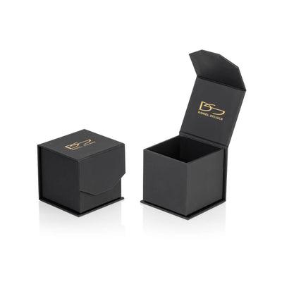 Black luxury ring box with gold DS Daniel Steiger logo, designed to hold the Princess Duo Ring, a sterling silver and gold plated jewelry piece for women.