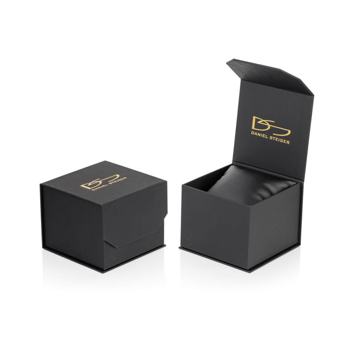 Black and gold Daniel Steiger branded watch box with cushioned interior for holding the Phantom Black Men's Watch, crafted from stainless steel with a two-tone plating finish.