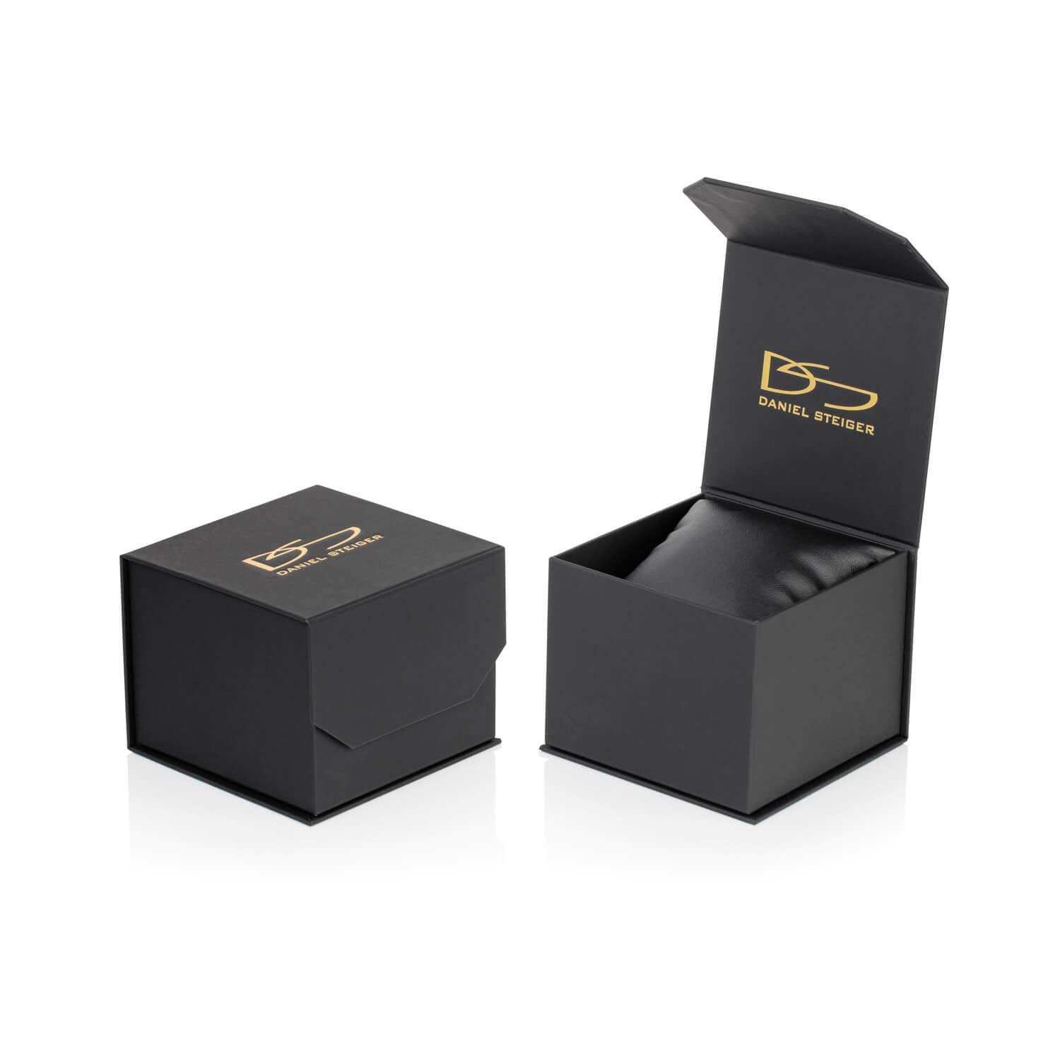 Black Daniel Steiger branded watch box with two-tone packaging, designed for the Phantom Two-Tone Men's Watch, featuring a cushioned interior for secure storage.