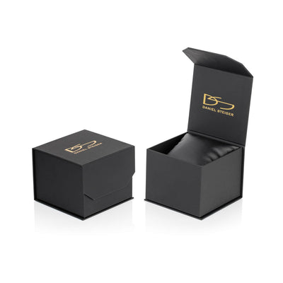 Black Daniel Steiger branded watch box with two-tone packaging, designed for the Phantom Two-Tone Men's Watch, featuring a cushioned interior for secure storage.