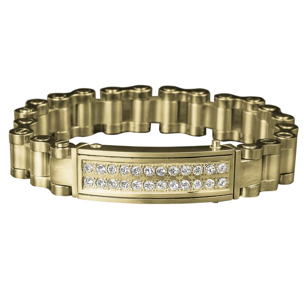 Revolution Bracelet in gold-plated stainless steel with a modern chain design and two rows of sparkling crystals, crafted for a sophisticated male style accessory.
