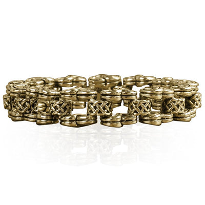 Men's Celtic Knot Gold Bracelet crafted from stainless steel with intricate gold plating, featuring detailed interwoven Celtic knot designs in a bold, masculine style.