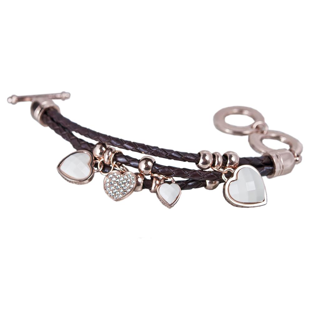 Silhouette Brown Leather Bracelet featuring braided leather strands with rose gold accents and heart-shaped charms, designed for a stylish female jewelry collection.