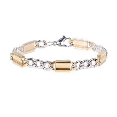 Andreo Two-Tone Steel Bracelet featuring stainless steel links with gold-tone accents, designed for a sleek and modern male jewelry accessory.