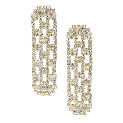 Las Vegas Earrings featuring an elegant gold-plated white base metal design with sparkling linked rectangular shapes, perfect jewelry for women.