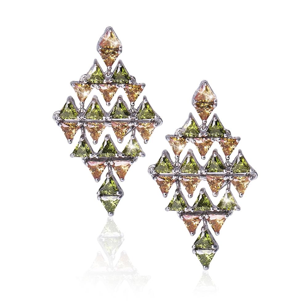 Raphaela Earrings featuring sterling silver with rhodium plating, designed with alternating green and light brown triangular stones in a geometric pattern for women’s jewelry.