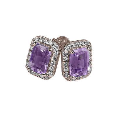Destiny Amethyst Earrings featuring sterling silver with rose gold plating, showcasing square-cut amethyst stones framed by sparkling clear crystals for elegant women's jewelry.