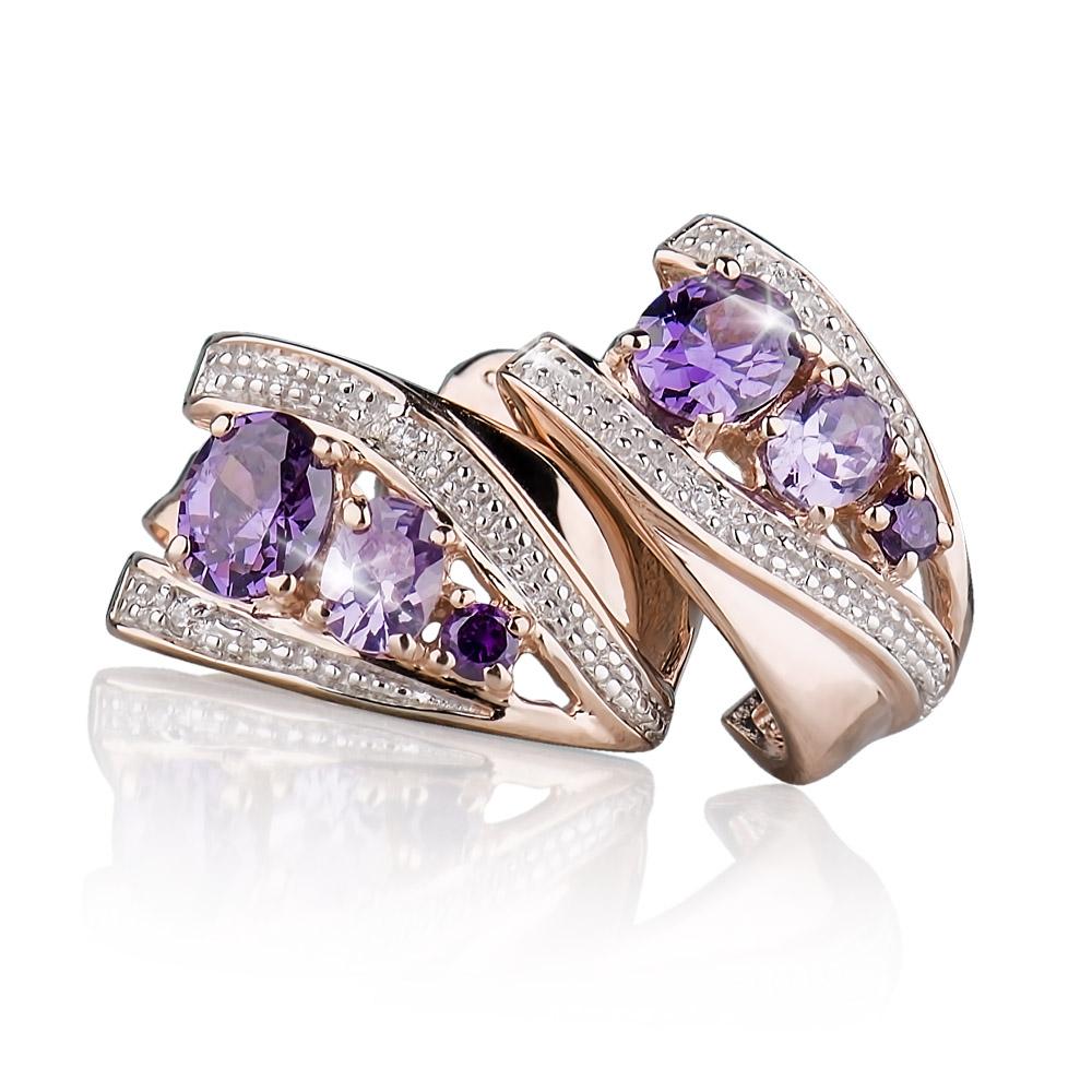 Roxo Shades Earrings featuring elegant purple gemstones set in a polished rose gold design accented with sparkling clear crystals, crafted for women’s jewelry collection.