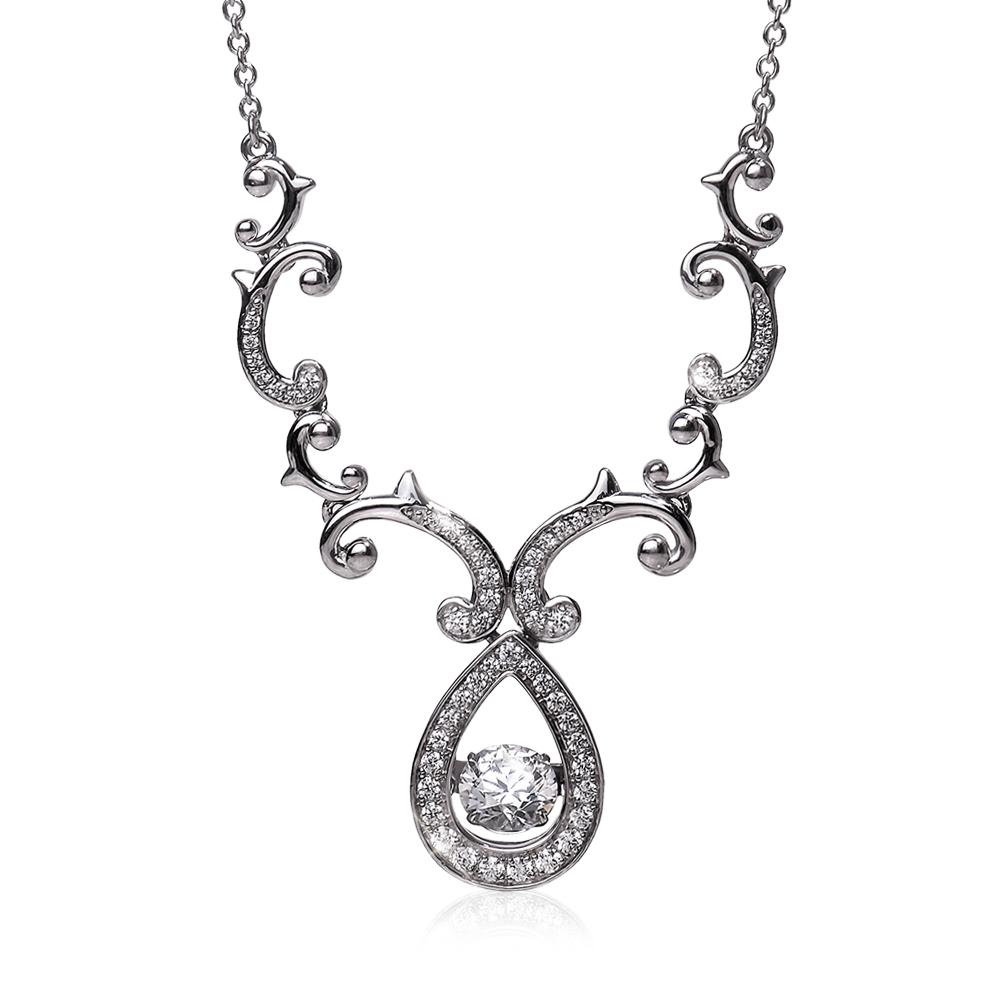 Rococo Dancing Necklace featuring sterling silver with rhodium plating, showcasing an intricate scroll design and a sparkling pendant center, elegant jewelry for women.