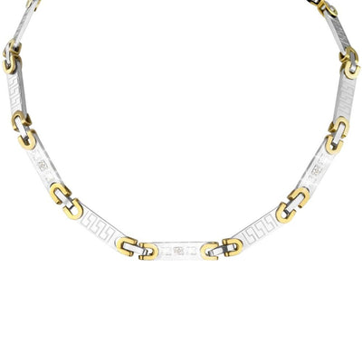 Olympus Men's Necklace featuring a two-tone stainless steel design with interlocking links and geometric patterns, perfect for stylish men's jewelry collections.