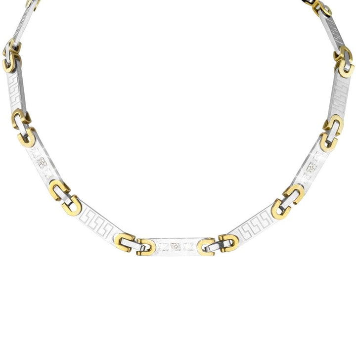 Olympus Men's Necklace featuring a two-tone stainless steel design with interlocking links and geometric patterns, perfect for stylish men's jewelry collections.