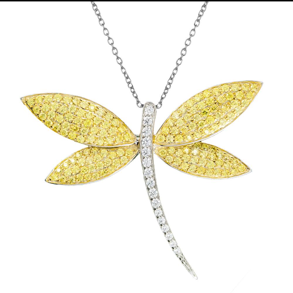 Fly Away Brooch Yellow sterling silver brooch with rhodium plating, featuring a yellow gemstone dragonfly design on a delicate chain for women’s jewelry collection.