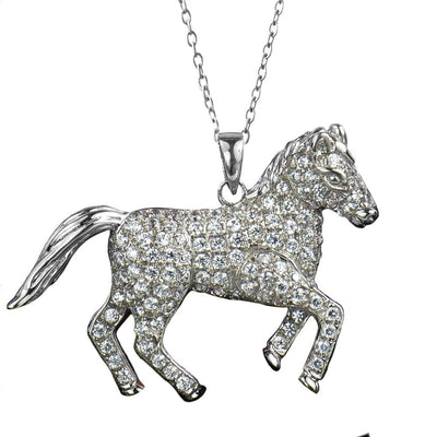 Wild Pony Rhodium Pendant featuring a sterling silver horse shape encrusted with sparkling crystals, designed for women’s jewelry collections and necklace accessories.