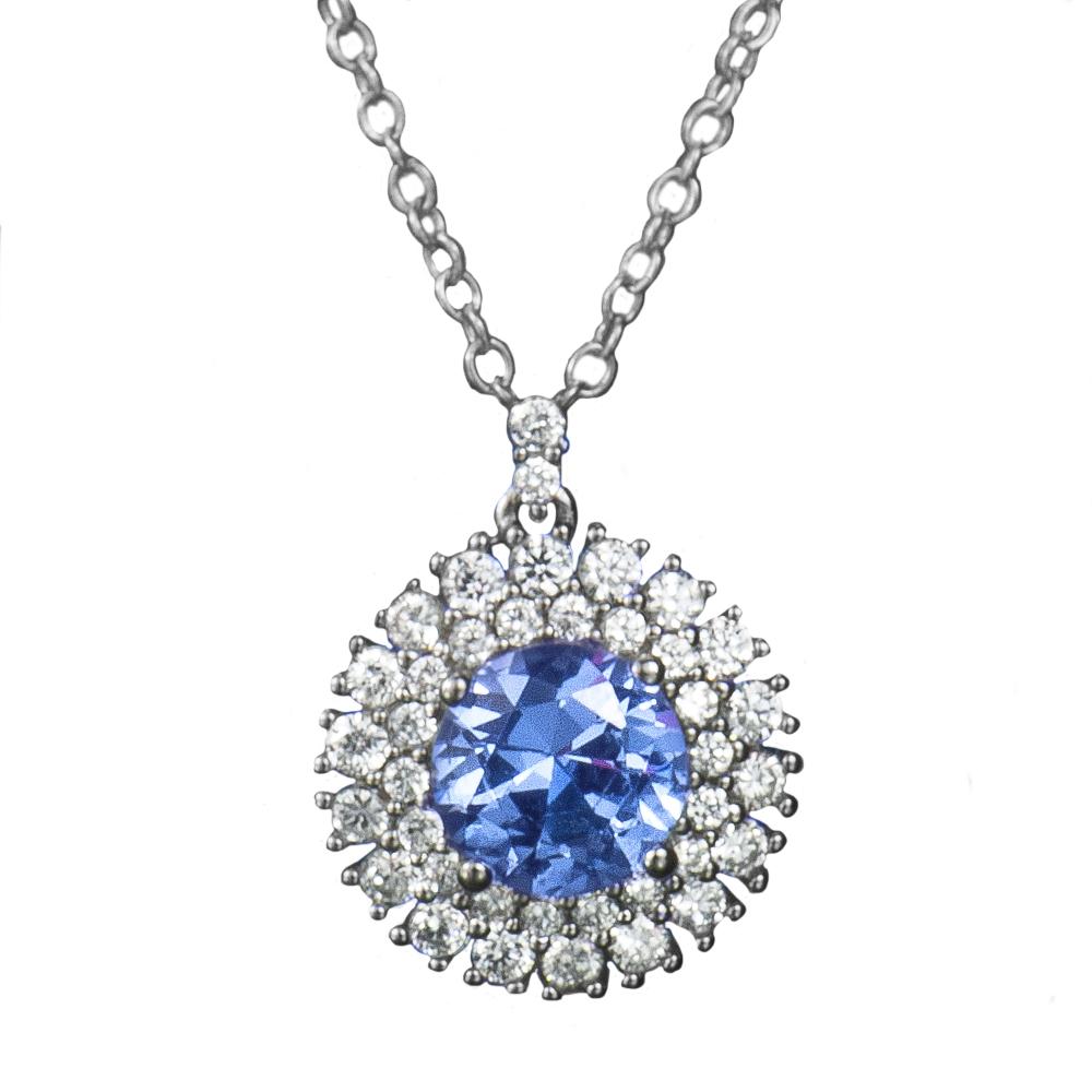 Idols Eye Pendant featuring a sterling silver chain with rhodium plating, showcasing a central blue gemstone surrounded by sparkling clear stones, designed for women’s jewelry.