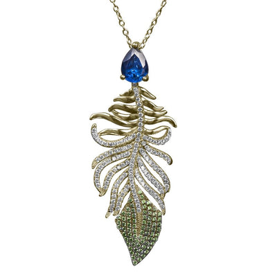 Peacock Pendant featuring a gold-plated sterling silver feather design adorned with clear and green stones and a pear-shaped deep blue gemstone on a delicate chain for women’s jewelry.