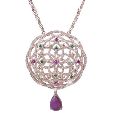 Granada Pendant featuring an intricate sterling silver design with rose gold plating, adorned with multicolored gemstones and a teardrop-shaped purple gemstone dangle, elegant jewelry for women.