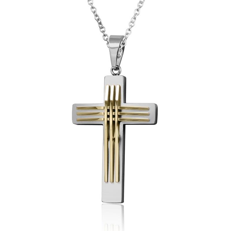 Two Tone Linear Cross pendant for men made of stainless steel featuring a sleek silver and gold linear design on a matching chain necklace.